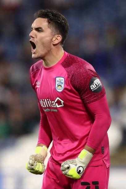 Lee Nicholls of Huddersfield Town shouts instructions during the Carabao Cup Second Round match between Huddersfield Town and Everton at The John...