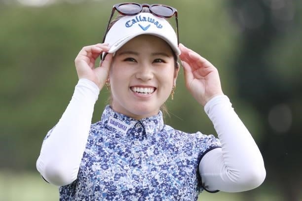 Yuna Nishimura of Japan smiles during the first round of the Nitori Ladies at Otaru Country Club on August 26, 2021 in Otaru, Hokkaido, Japan.