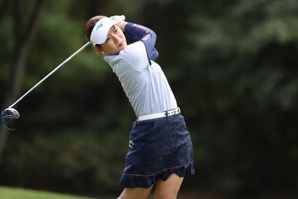 Hikaru Yoshimoto of Japan hits her tee shot on the 2nd hole during the first round of the Nitori Ladies at Otaru Country Club on August 26, 2021 in...