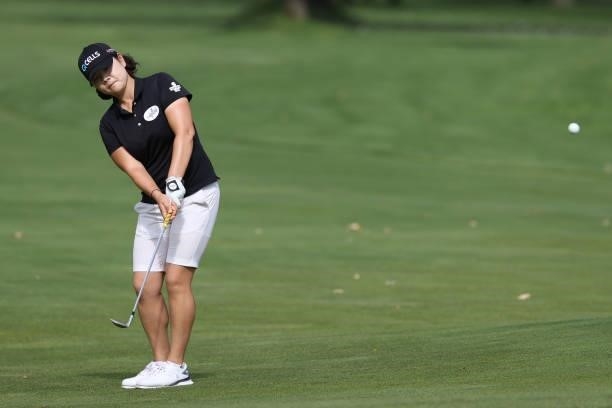 Min-Young Lee of South Korea chips onto the 1st green during the first round of the Nitori Ladies at Otaru Country Club on August 26, 2021 in Otaru,...