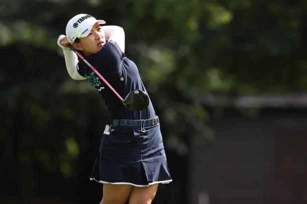 Kana Nagai of Japan hits her tee shot on the 2nd hole during the first round of the Nitori Ladies at Otaru Country Club on August 26, 2021 in Otaru,...