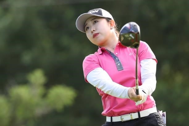 Kotoko Uchida of Japan hits her tee shot on the 18th hole during the first round of the Nitori Ladies at Otaru Country Club on August 26, 2021 in...