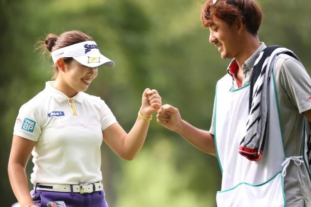 Miyu Yamashita of Japan celebrates after making her birdie putt on the 5th hole during the first round of the Nitori Ladies at Otaru Country Club on...
