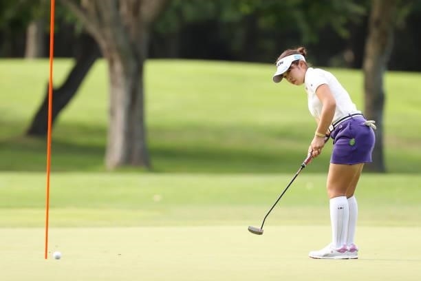 Miyu Yamashita of Japan putts on the 5th hole during the first round of the Nitori Ladies at Otaru Country Club on August 26, 2021 in Otaru,...
