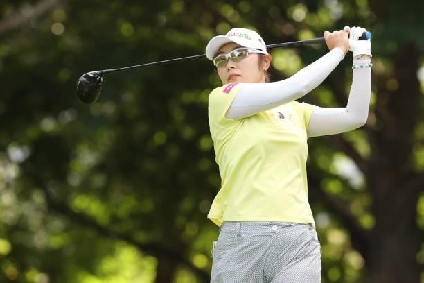 Saiki Fujita of Japan hits her tee shot on the 9th hole during the first round of the Nitori Ladies at Otaru Country Club on August 26, 2021 in...