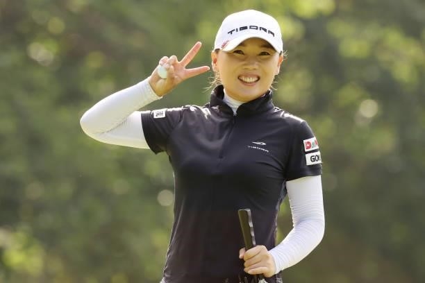 Na-Ri Lee of South Korea celebrates after making her birdie putt on the 8th hole during the first round of the Nitori Ladies at Otaru Country Club on...