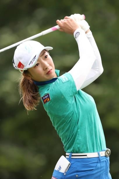 Rei Matsuda of Japan hits her tee shot on the 2nd hole during the first round of the Nitori Ladies at Otaru Country Club on August 26, 2021 in Otaru,...