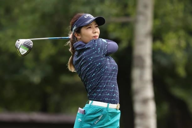 Mizuki Tanaka of Japan hits her tee shot on the 2nd hole during the first round of the Nitori Ladies at Otaru Country Club on August 26, 2021 in...