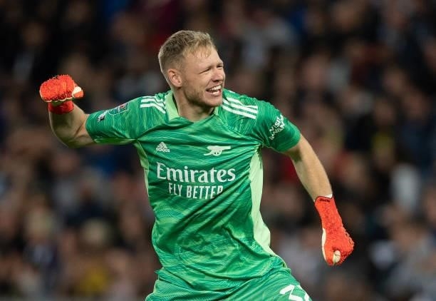 Goalkeeper Aaron Ramsdale celebrates Arsenal's first goal during the Carabao Cup Second Round match between West Bromwich Albion and Arsenal at The...