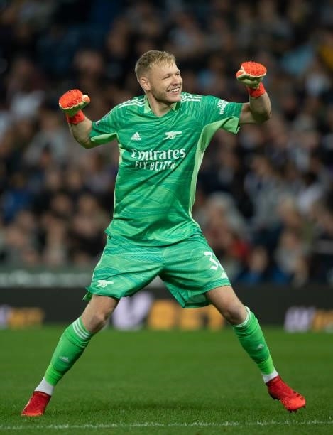 Goalkeeper Aaron Ramsdale celebrates Arsenal's second goal during the Carabao Cup Second Round match between West Bromwich Albion and Arsenal at The...