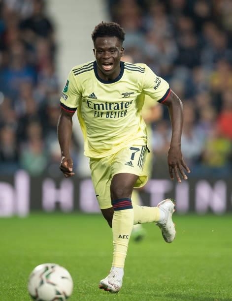 Bukayo Saka of Arsenal during the Carabao Cup Second Round match between West Bromwich Albion and Arsenal at The Hawthorns on August 25, 2021 in West...