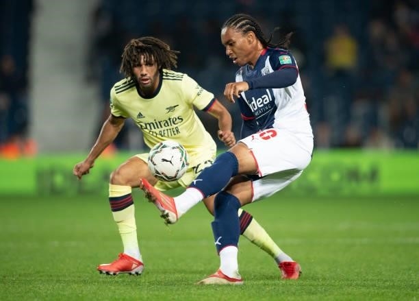 Rico Richards of West Bromwich Albion and Mohamed Elneny of Arsenal during the Carabao Cup Second Round match between West Bromwich Albion and...