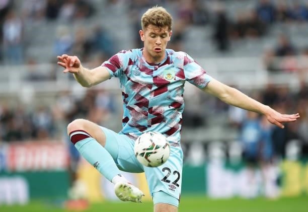 Nathan Collins of Burnley controls the ball in warm up during the Carabao Cup Second Round match between Newcastle United and Burnley at St. James...