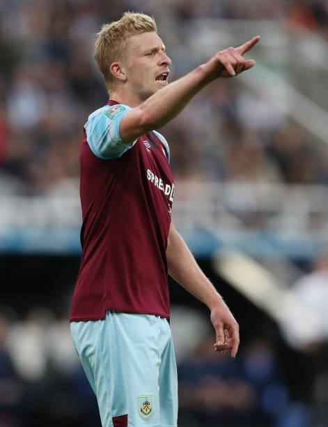 Ben Mee of Burnley shouts instructions during the Carabao Cup Second Round match between Newcastle United and Burnley at St. James Park on August 25,...