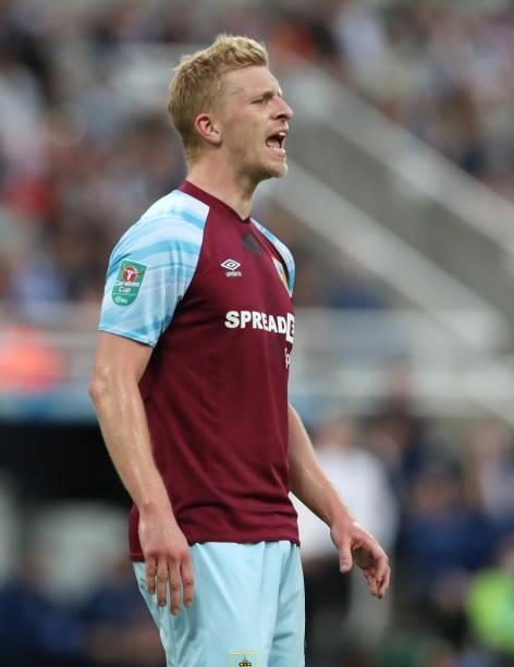 Ben Mee of Burnley shouts instructions during the Carabao Cup Second Round match between Newcastle United and Burnley at St. James Park on August 25,...