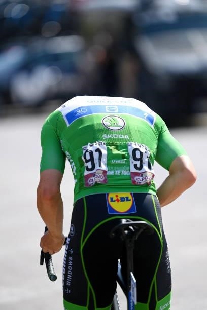 Detailed view of Fabio Jakobsen of Netherlands and Team Deceuninck - Quick-Step green points jersey prepares for the race prior to the 76th Tour of...