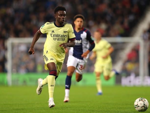 Bukayo Saka of Arsenal chases the ball during the Carabao Cup Second Round match between West Bromwich Albion and Arsenal at The Hawthorns on August...