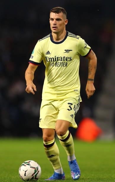 Granit Xhaka of Arsenal controls the ball during the Carabao Cup Second Round match between West Bromwich Albion and Arsenal at The Hawthorns on...