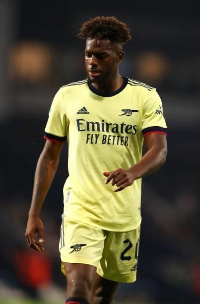 Nuno Tavares of Arsenal during the Carabao Cup Second Round match between West Bromwich Albion and Arsenal at The Hawthorns on August 25, 2021 in...