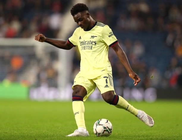 Bukayo Saka of Arsenal during the Carabao Cup Second Round match between West Bromwich Albion and Arsenal at The Hawthorns on August 25, 2021 in West...