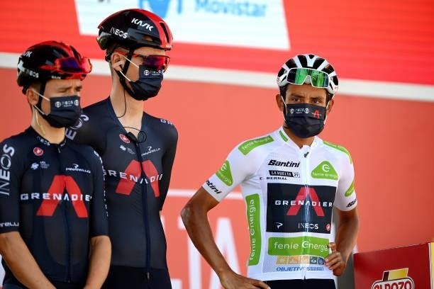 Dylan Van Baarle of Netherlands and Egan Arley Bernal Gomez of Colombia and Team INEOS Grenadiers white best young jersey during the team...