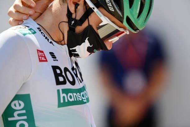 Detailed view of the decorated mask of Team Bora - Hansgrohe rider while he prepares for the race prior to the 76th Tour of Spain 2021, Stage 12 a...