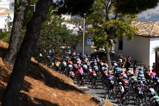 Detailed view of the peloton passing through Jaén city landscape during the 76th Tour of Spain 2021, Stage 12 a 175 km stage from Jaén to Córdoba /...