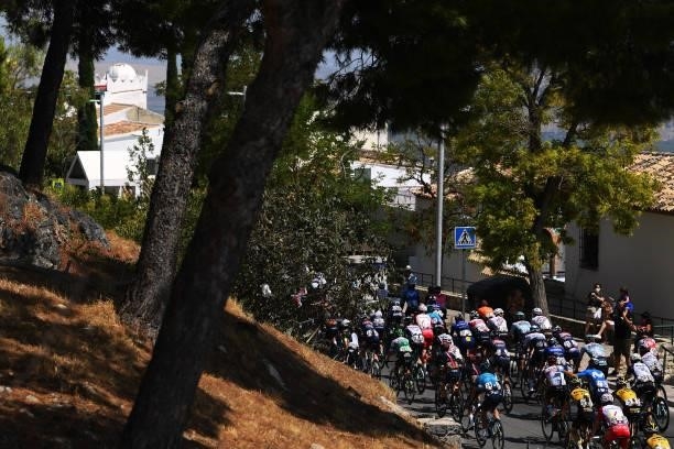 Detailed view of the peloton passing through Jaén city landscape during the 76th Tour of Spain 2021, Stage 12 a 175 km stage from Jaén to Córdoba /...