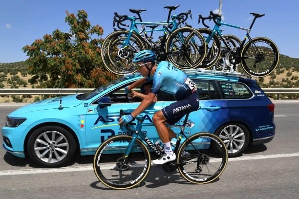Yuriy Natarov of Kazahkstan and Team Astana – Premier Tech in feed zone during the 76th Tour of Spain 2021, Stage 12 a 175 km stage from Jaén to...