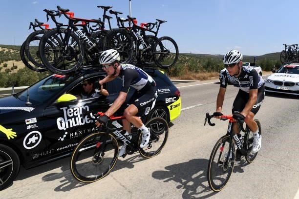 Dimitri Claeys of Belgium and Connor Brown of New Zealand and Team Qhubeka Nexthash in feed zone during the 76th Tour of Spain 2021, Stage 12 a 175...
