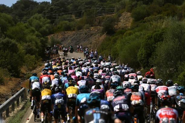 General view of the peloton passing through feed zone during the 76th Tour of Spain 2021, Stage 12 a 175 km stage from Jaén to Córdoba / @lavuelta /...