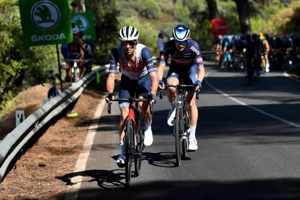 Giulio Ciccone of Italy and Team Trek - Segafredo and Jay Vine of Australia and Team Alpecin-Fenix compete in the breakaway during the 76th Tour of...