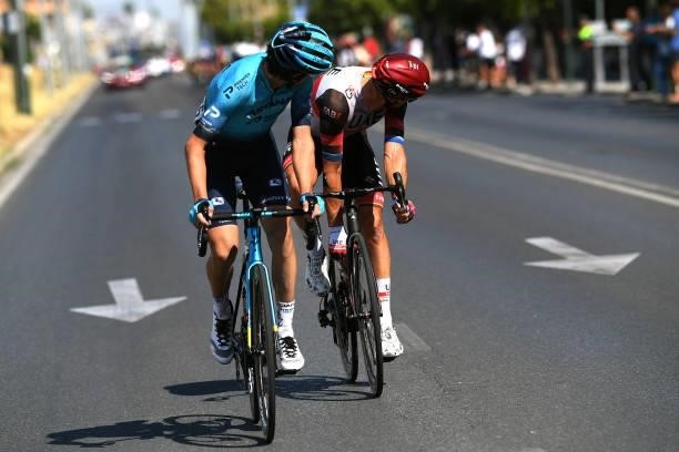 Ion Izagirre Insausti of Spain and Team Astana – Premier Tech and Matteo Trentin of Italy and UAE Team Emirates compete during the 76th Tour of Spain...