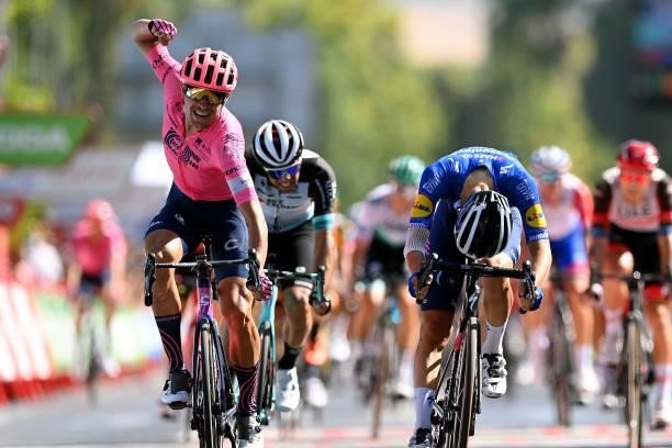 Magnus Cort Nielsen of Denmark and Team EF Education - Nippo celebrates winning ahead of Andrea Bagioli of Italy and Team Deceuninck - Quick-Step and...
