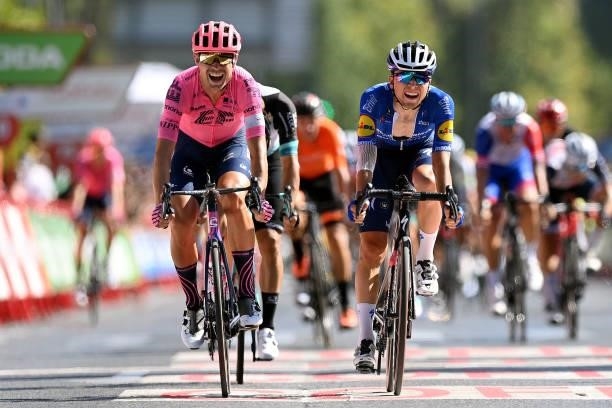 Magnus Cort Nielsen of Denmark and Team EF Education - Nippo celebrates winning ahead of Andrea Bagioli of Italy and Team Deceuninck - Quick-Step...