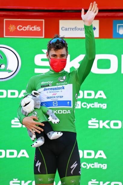 Fabio Jakobsen of Netherlands and Team Deceuninck - Quick-Step celebrates winning the green points jersey on the podium ceremony after the 76th Tour...