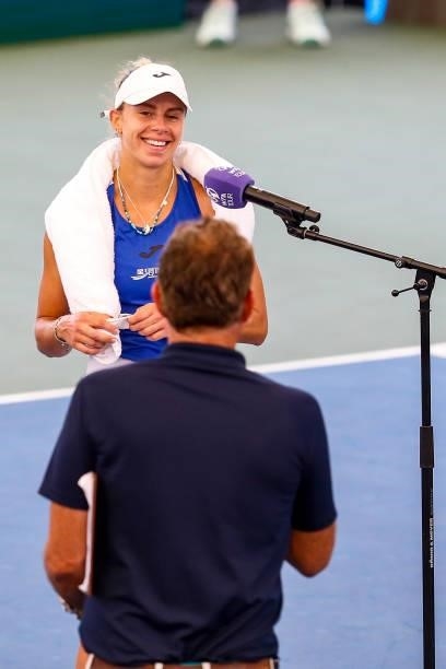 Magda Linette of Poland smiles during an interview after her quarterfinal match against Daria Kasatkina of Russia on day 5 of the Cleveland...