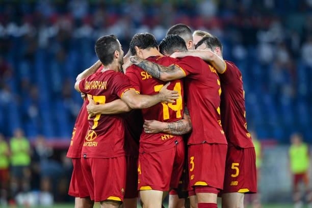 Nicolò Zaniolo celebrates with teammates after scoring the second goal of his team during the UEFA Conference League Play-Offs Leg Two match between...