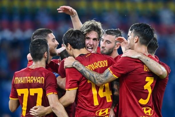 Nicolò Zaniolo celebrates with teammates after scoring the second goal of his team during the UEFA Conference League Play-Offs Leg Two match between...