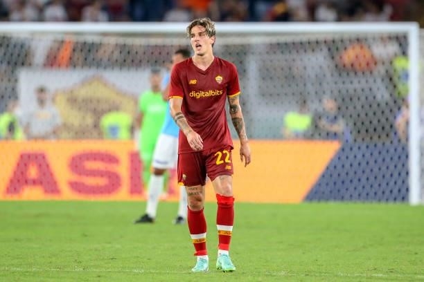 Nicolo Zaniolo of AS Roma reacts after scoring the second goal of his team during the UEFA Conference League Play-Offs Leg Two match between AS Roma...