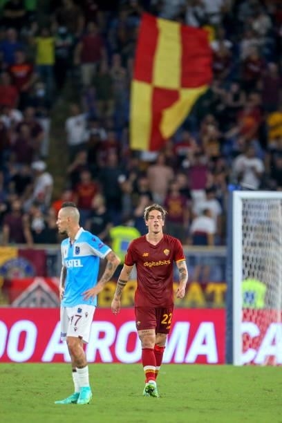 Nicolo Zaniolo of AS Roma reacts after scoring the second goal of his team during the UEFA Conference League Play-Offs Leg Two match between AS Roma...