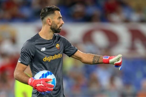Goalkeeper Rui Patricio of AS Roma gestures during the UEFA Conference League Play-Offs Leg Two match between AS Roma and Trabzonspor at Olimpico...
