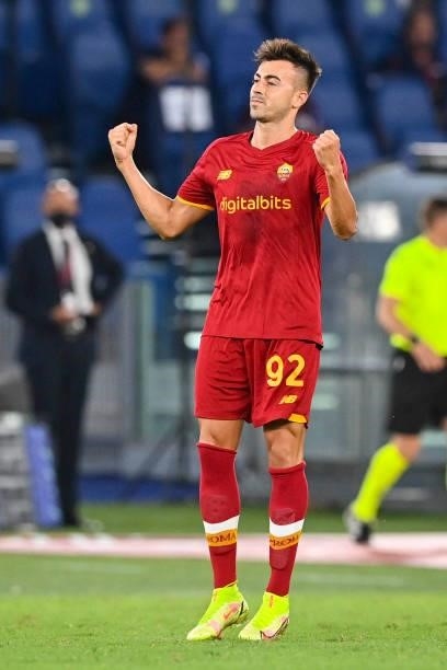 Stephan El Shaarawy of AS Roma celebrates after scoring the team's third goal during the UEFA Conference League Play-Offs Leg Two match between AS...