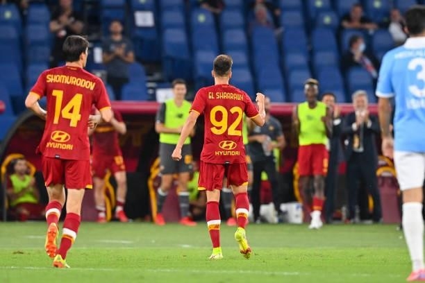 Stephan El Shaarawy of AS Roma celebrates after scoring his team's third goal during the UEFA Conference League Play-Offs Leg Two match between AS...