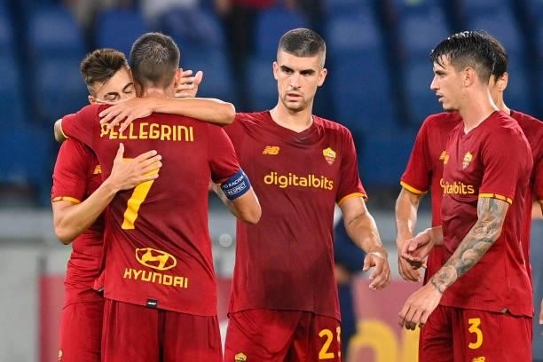 Stephan El Shaarawy of AS Roma celebrates with teammates after scoring his team's third goal during the UEFA Conference League Play-Offs Leg Two...