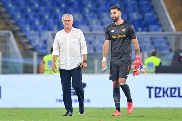 Roma coach Josè Mourinho and Rui Patricio at the end of the UEFA Conference League Play-Offs Leg Two match between AS Roma and Trabzonspor at...