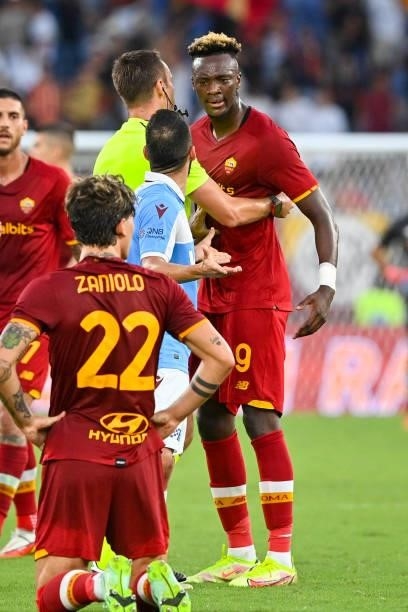 Tammy Abraham of AS Roma reacts during the UEFA Conference League Play-Offs Leg Two match between AS Roma and Trabzonspor at Olimpico Stadium on...