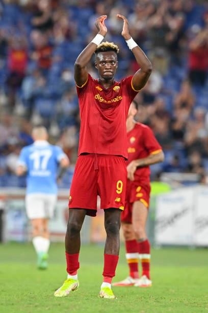 Tammy Abraham of AS Roma greets the fans during the UEFA Conference League Play-Offs Leg Two match between AS Roma and Trabzonspor at Olimpico...