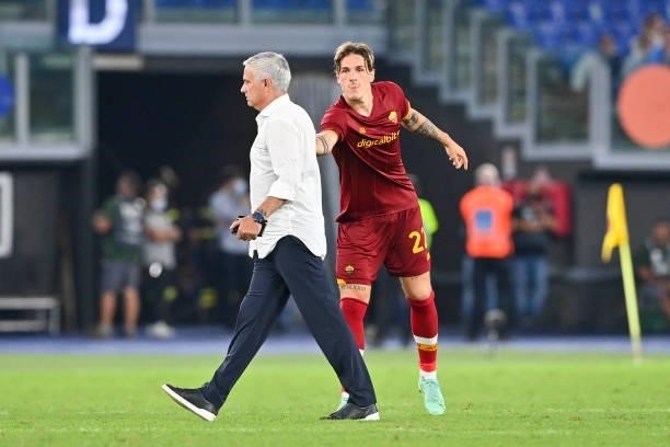 Roma coach Josè Mourinho and his player Nicolò Zaniolo celebrate after the UEFA Conference League Play-Offs Leg Two match between AS Roma and...