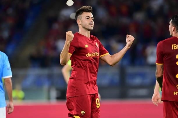 Stephan El Shaarawy of celebrates after scoring the third goal of his team during the UEFA Conference League Play-Offs Leg Two match between AS Roma...